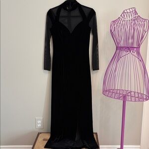 Tadashi Shoji Formal Black Velvet Dress with Sheer Sleeves and Neckline